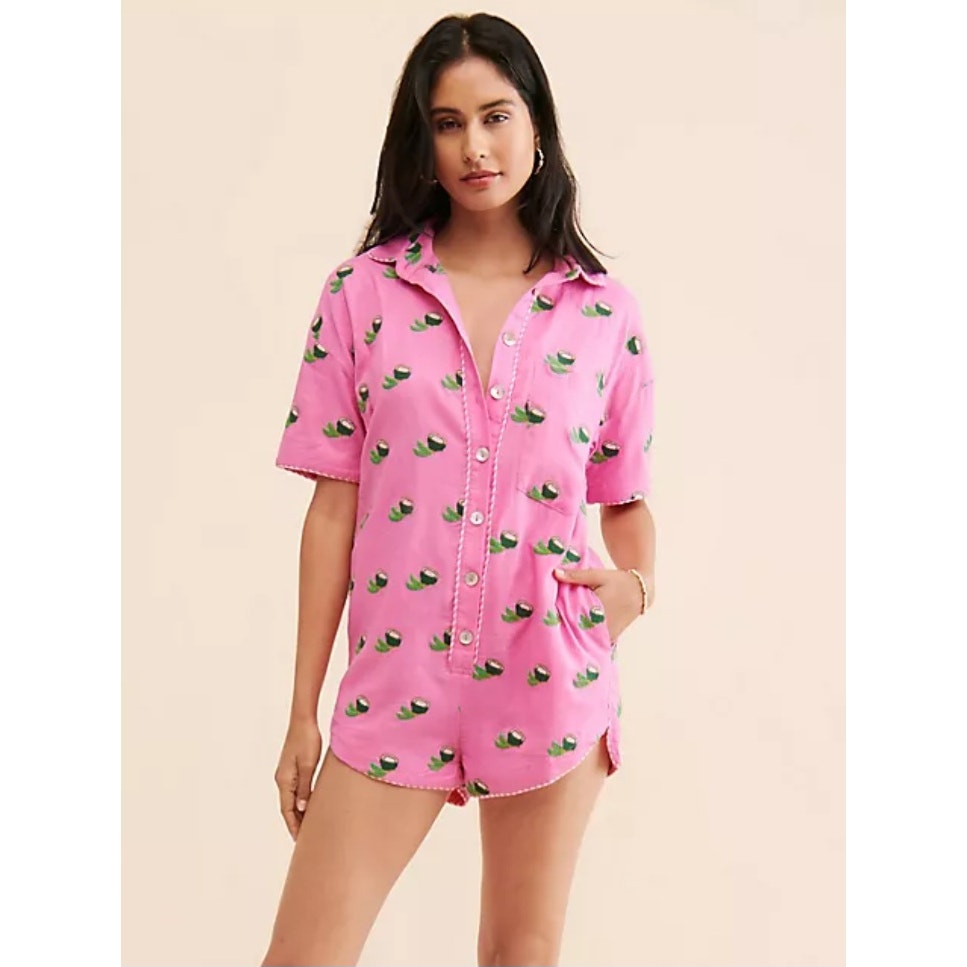 FARM Rio Cross Stitch Coconut Romper Pink Mother-of-Pearl Buttons Sz L