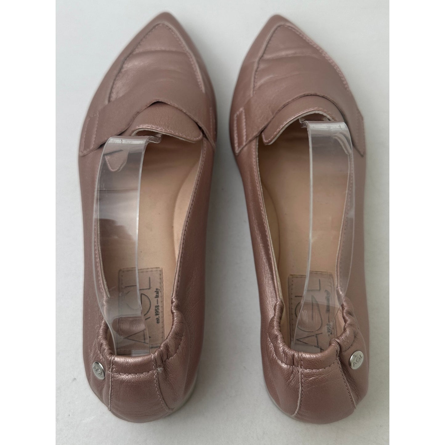 AGL Attilio Giusti Leombruni Metallic Rose Gold Micro Pointed Toe Loafers Women's Sz 8.5