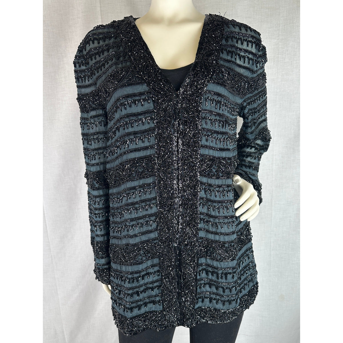 Vintage Oleg Cassini Black Tie Heavily Beaded Silk Evening Jacket Women's Sz L