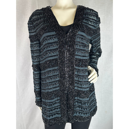 Vintage Oleg Cassini Black Tie Heavily Beaded Silk Evening Jacket Women's Sz L