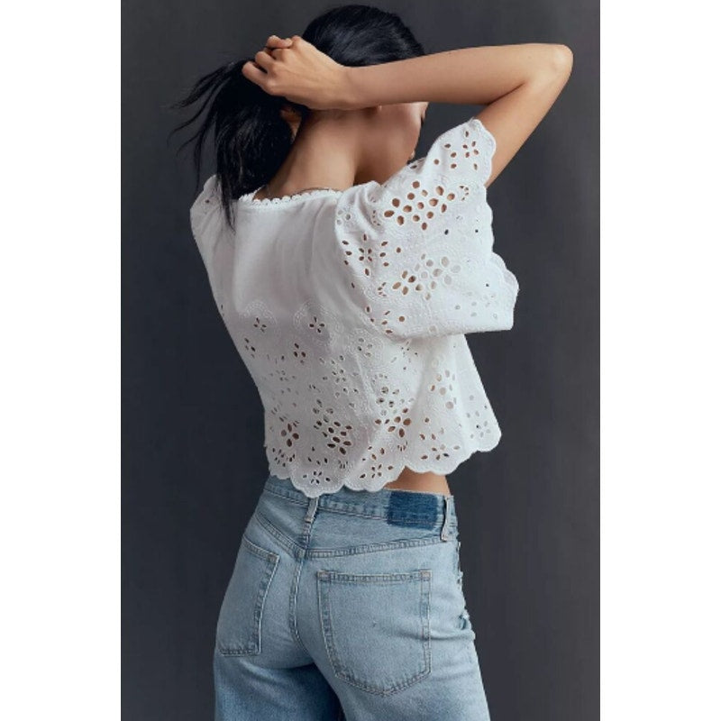 Anthropologie Maeve Tie-Front Eyelet Crop Blouse White Cotton OS