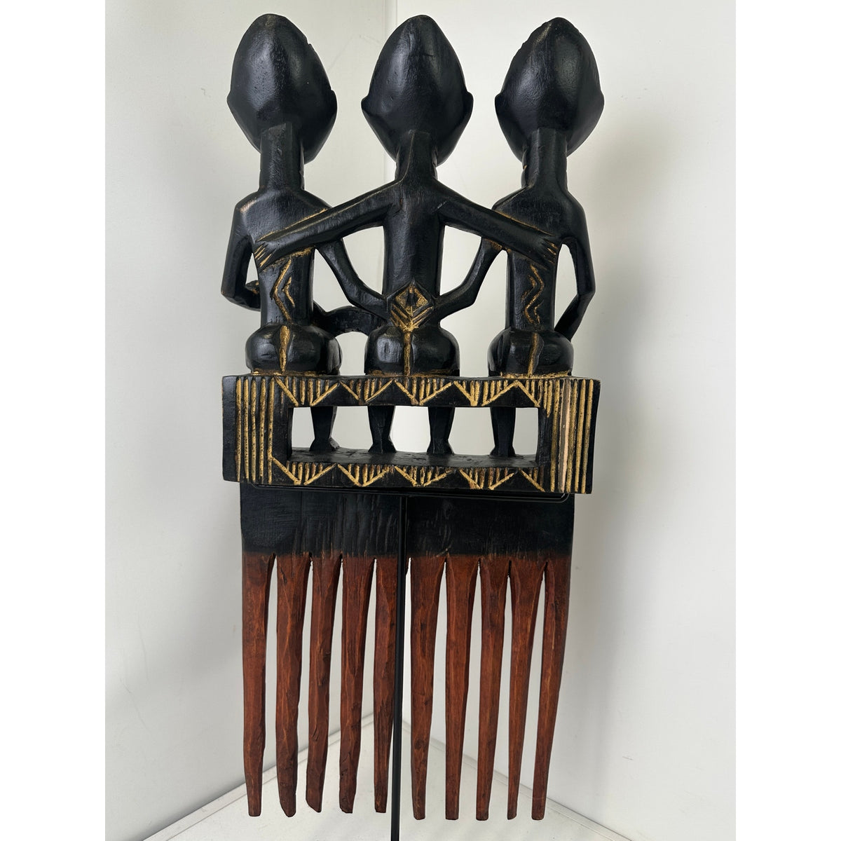Hand-Carved Wood Triple Ashanti Prestige Comb on Stand