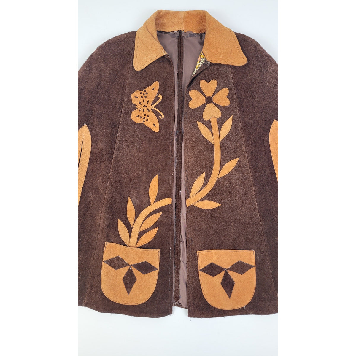 Vintage 1960s-70s Brown Suede Cape Poncho w Butterly & Flower Women's Sz XS/S