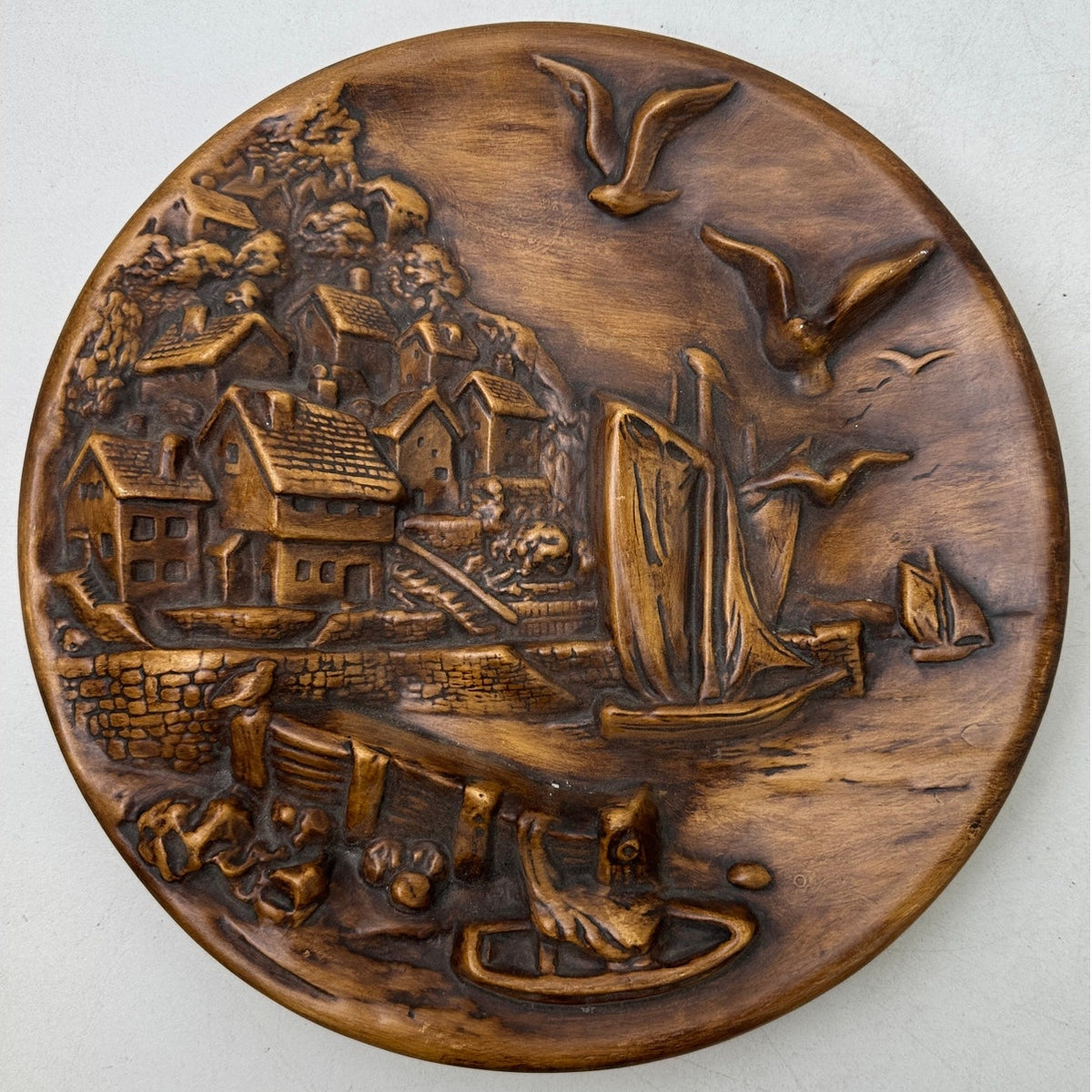 Vintage 3D Chalkware Seaport and Watermill Wall Plaques | Set of 2