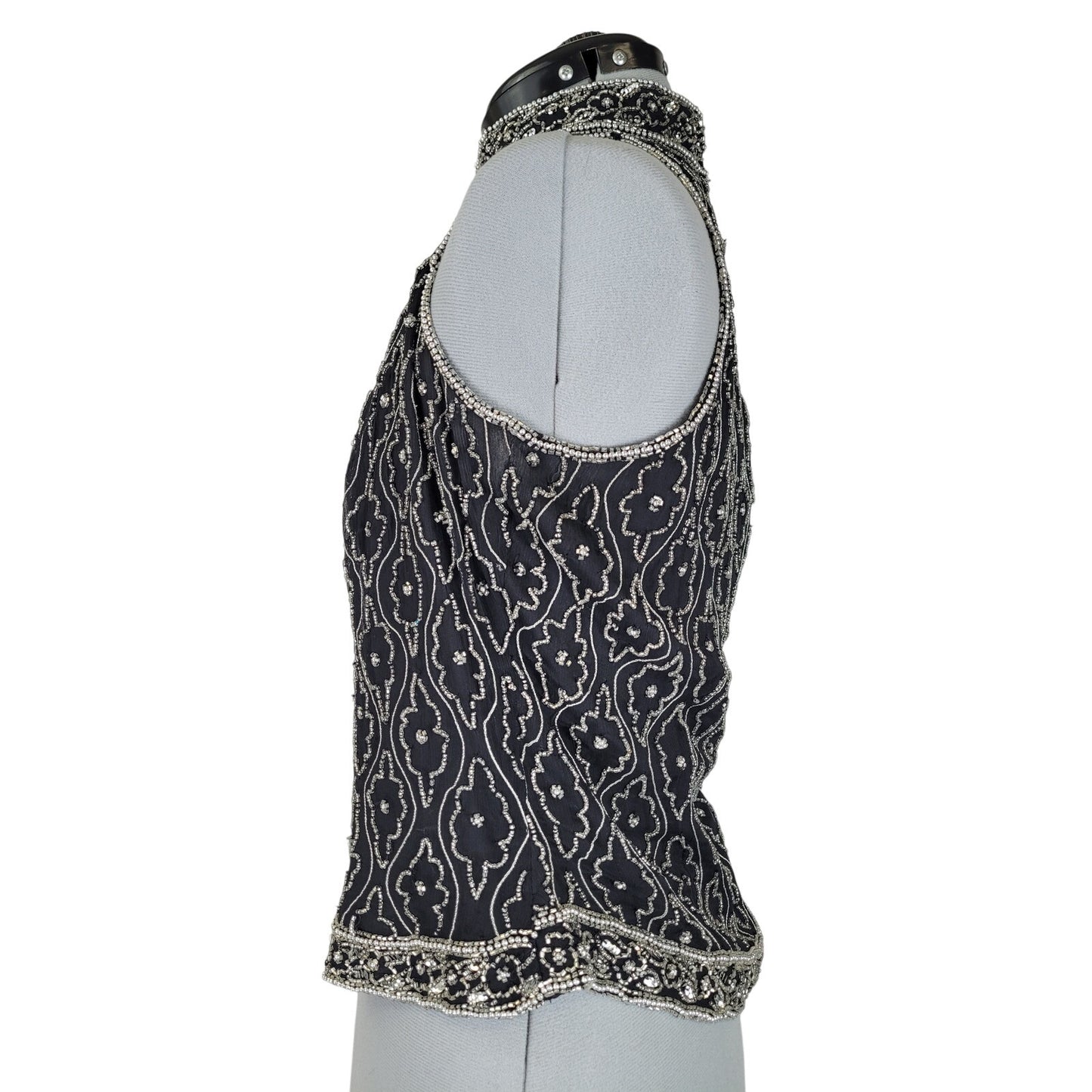 Vintage 1990s Marina Silk w Silver Beads Great Gatsby Sleeveless Blouse Sz S