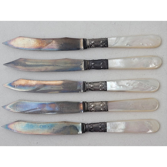 Antique A.J. Jordan Mother of Pearl Handle Fruit Dessert Knives | Set of 5