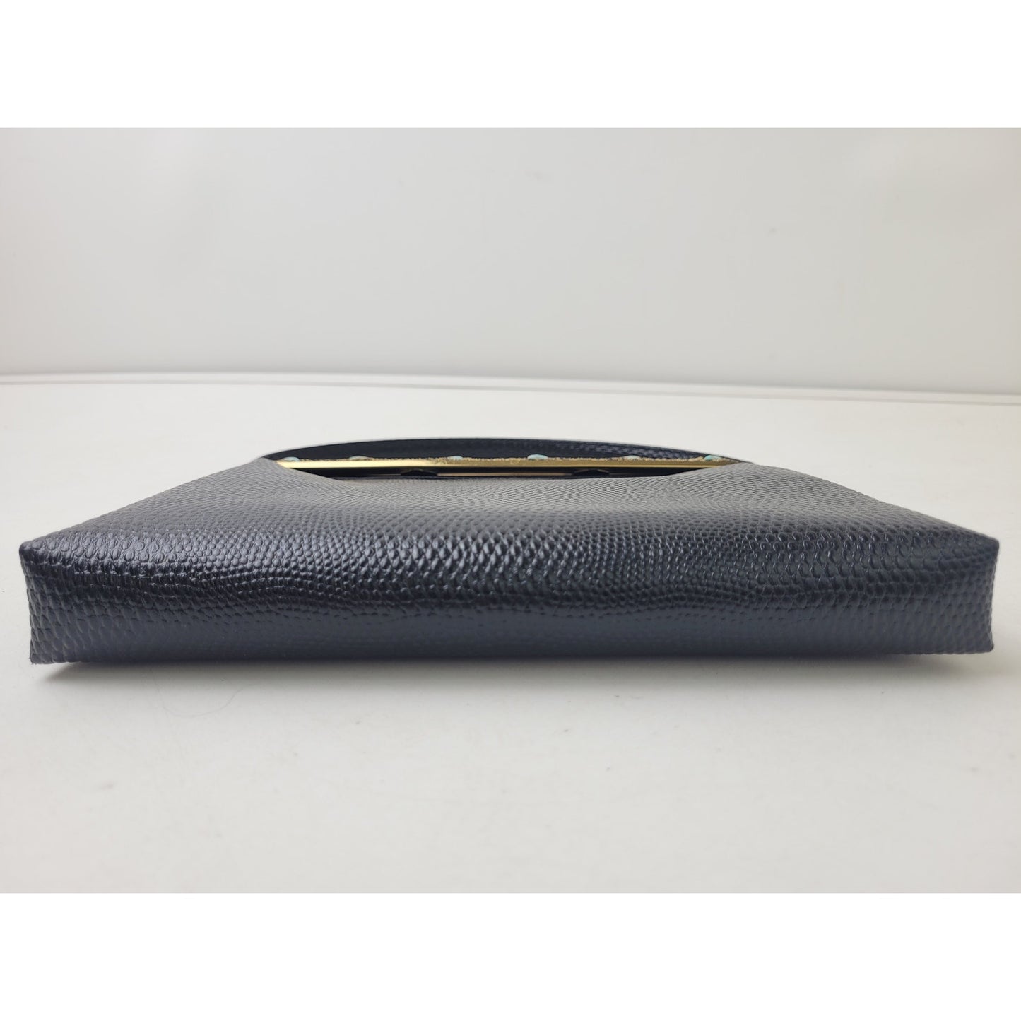 Vintage 1950s Black Lizard-Embossed Leather Evening Bag w Gold Tone Closure