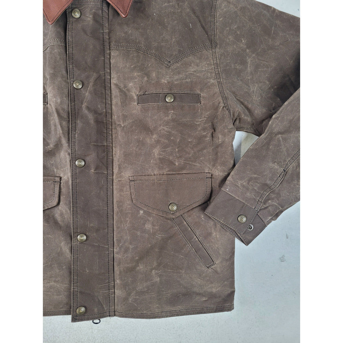 Schaefer Outfitter Western Jacket Brown Waxed Canvas Leather Collar Men's Sz S