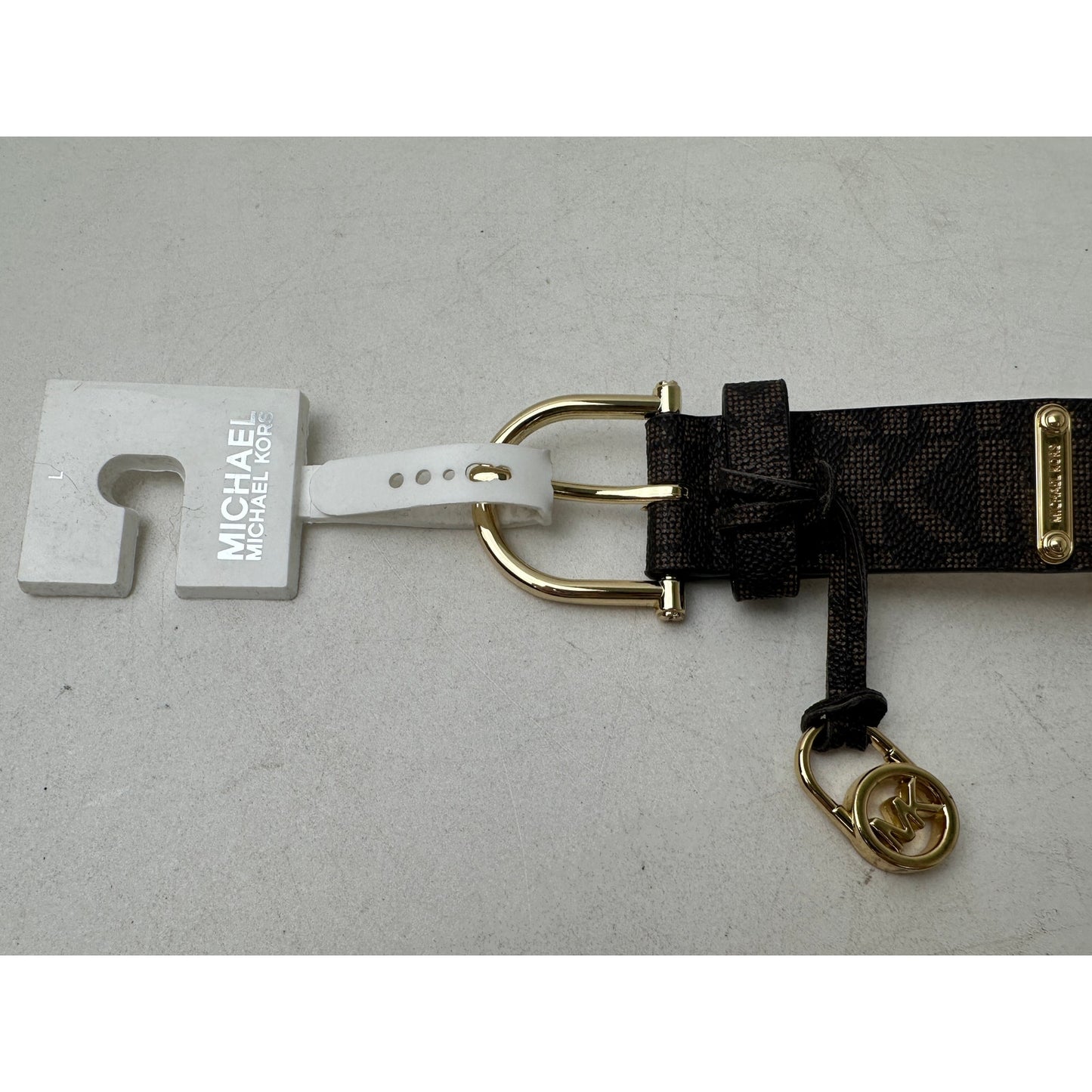 Michael Kors Signature Monogram Brown Belt W/ Gold Hardware Women's Sz L NWT