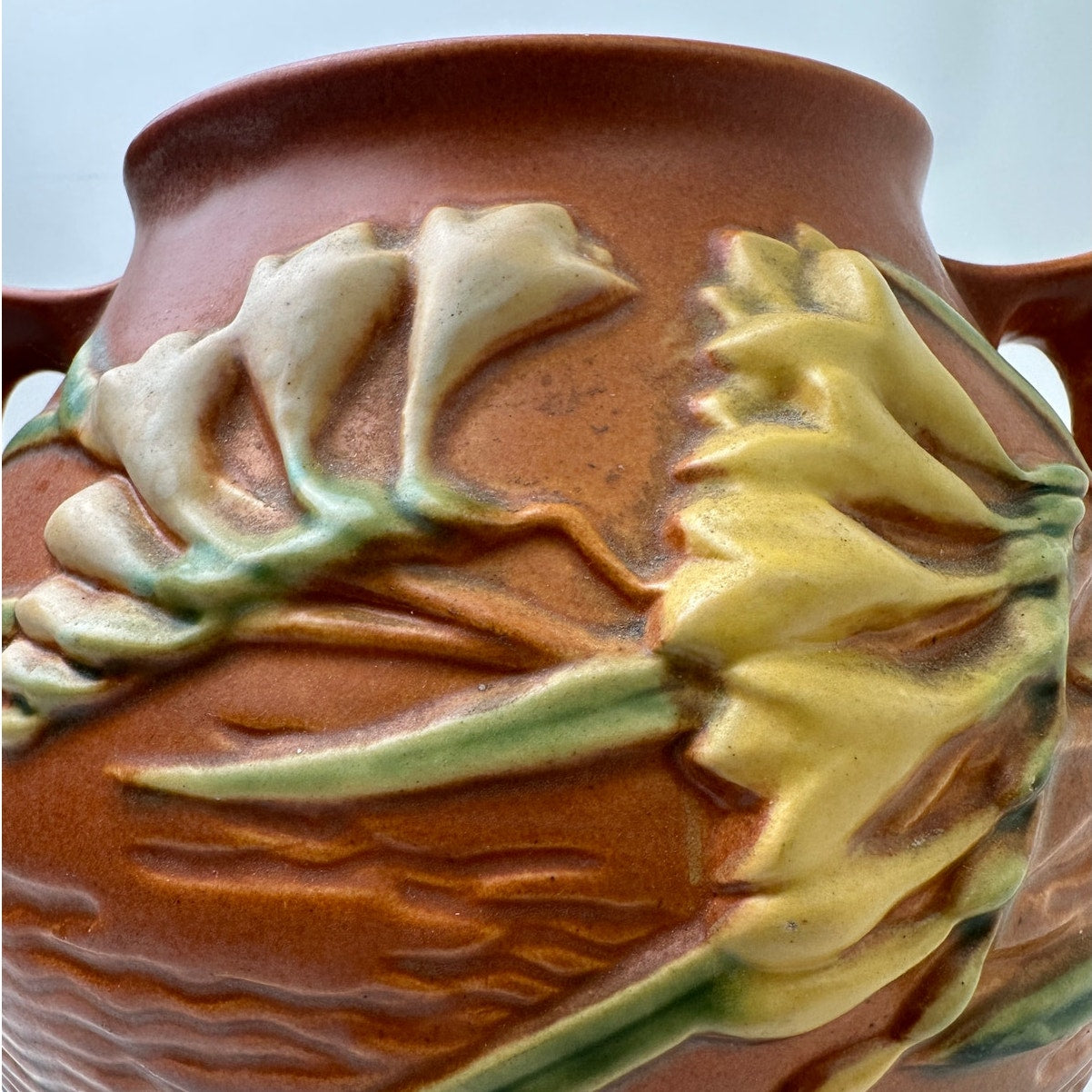Vintage Roseville Freesia Art Orange Pottery Double-Handled Vase