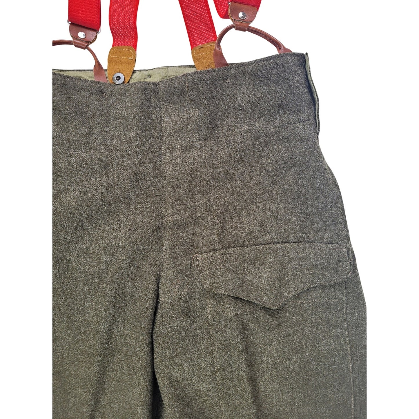 Vintage 1950s Miliary Green Wool Field Pants with Red Suspenders Men's Sz 33X30