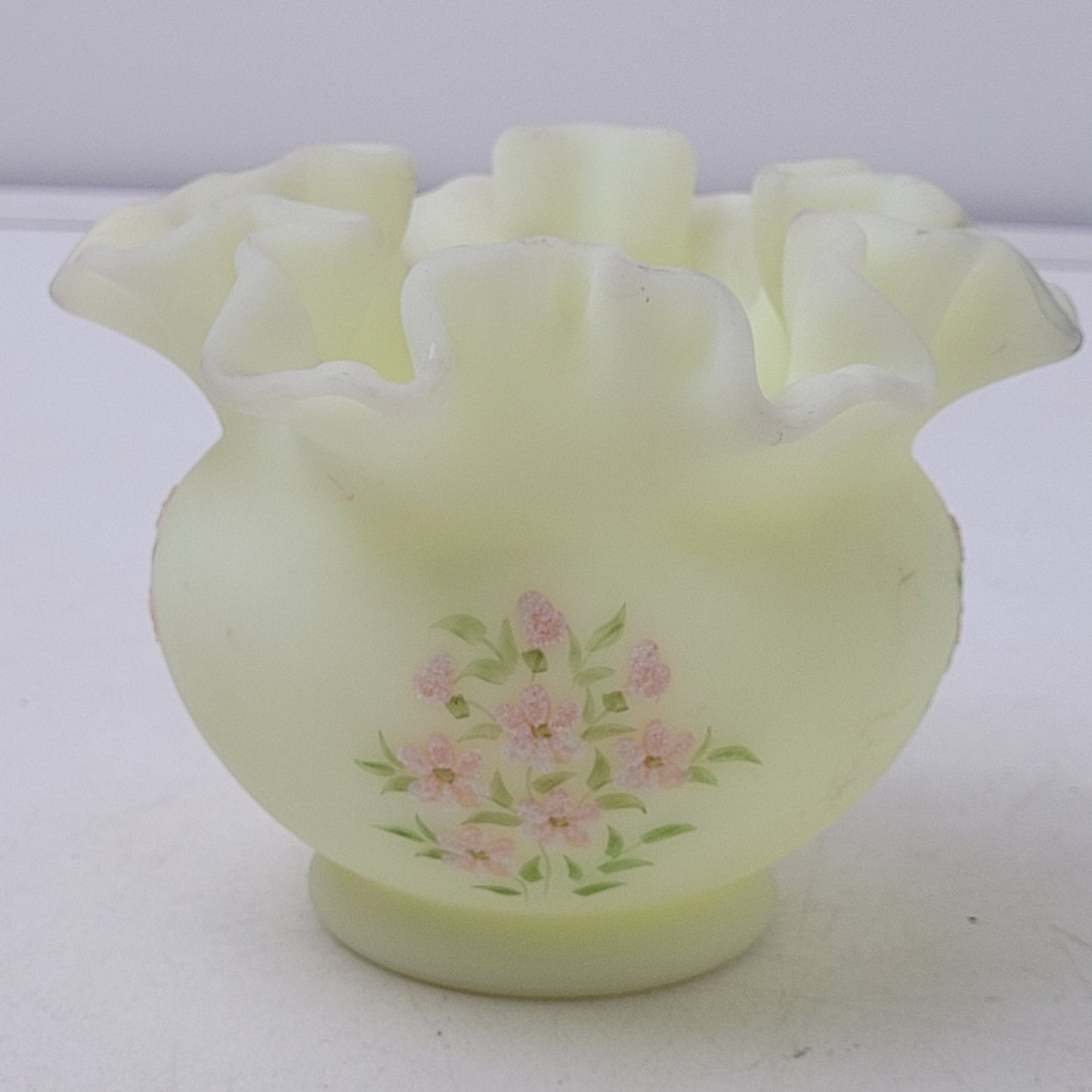 Vintage 1970s Fenton Custard Ruffle Vase Painted Pink Blossoms Signed