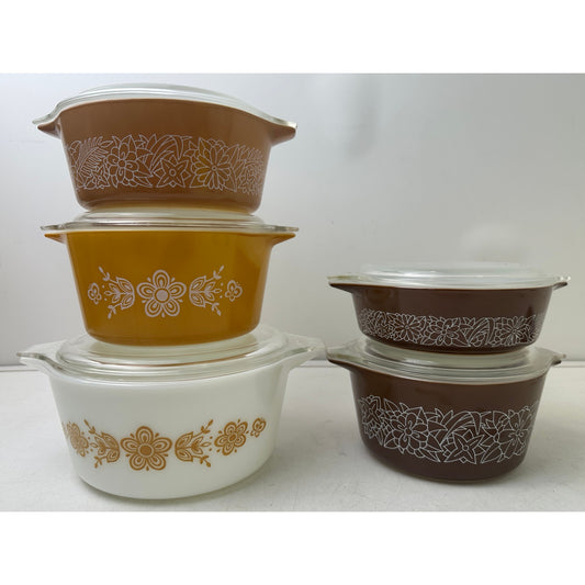 VTG Pyrex Mixed Casserole Set - Woodland Brown & Floral Butterfly Gold W/ Lids