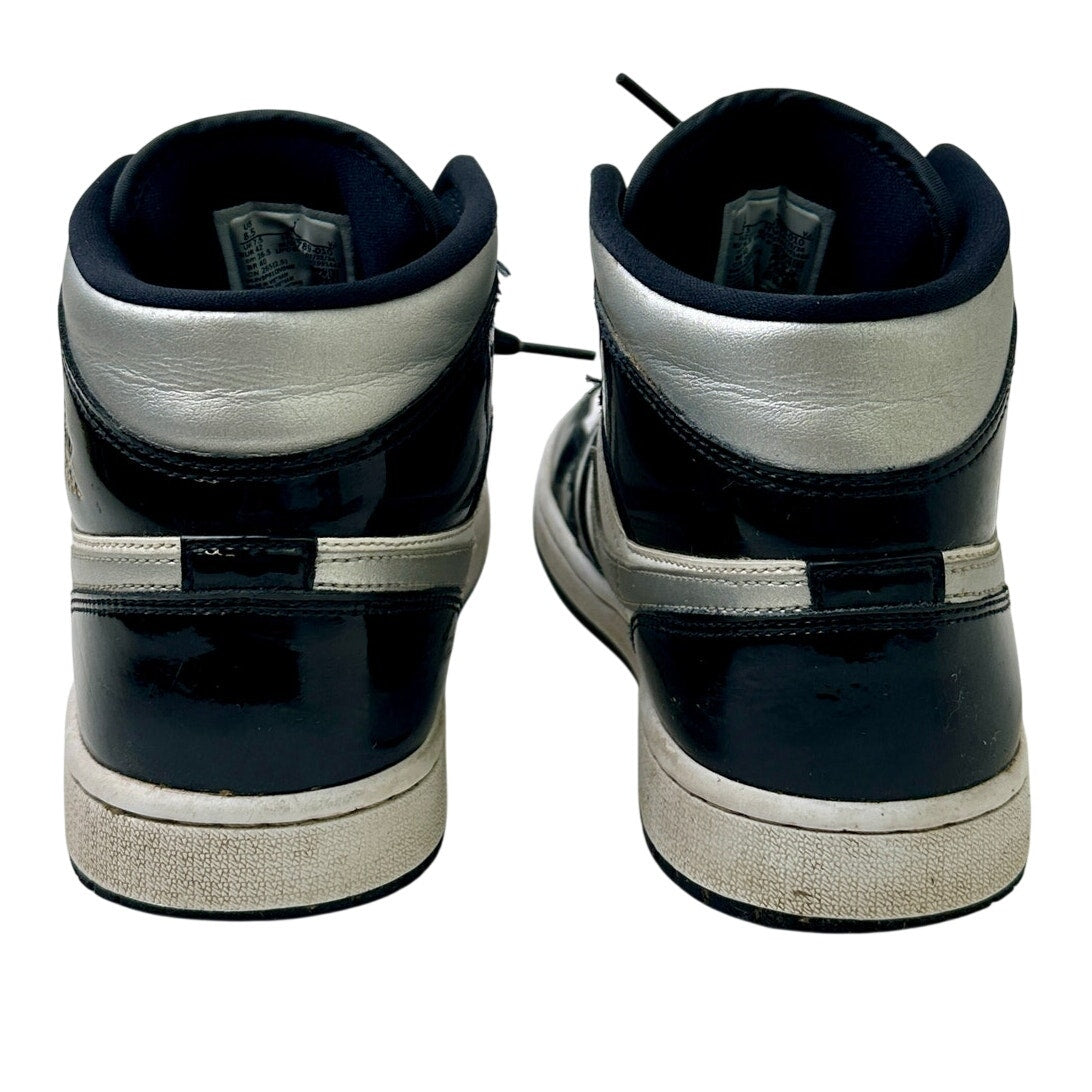 Nike Air Jordan 1 Mid SE Patent Black White Metallic Silver Men's Sz 8.5