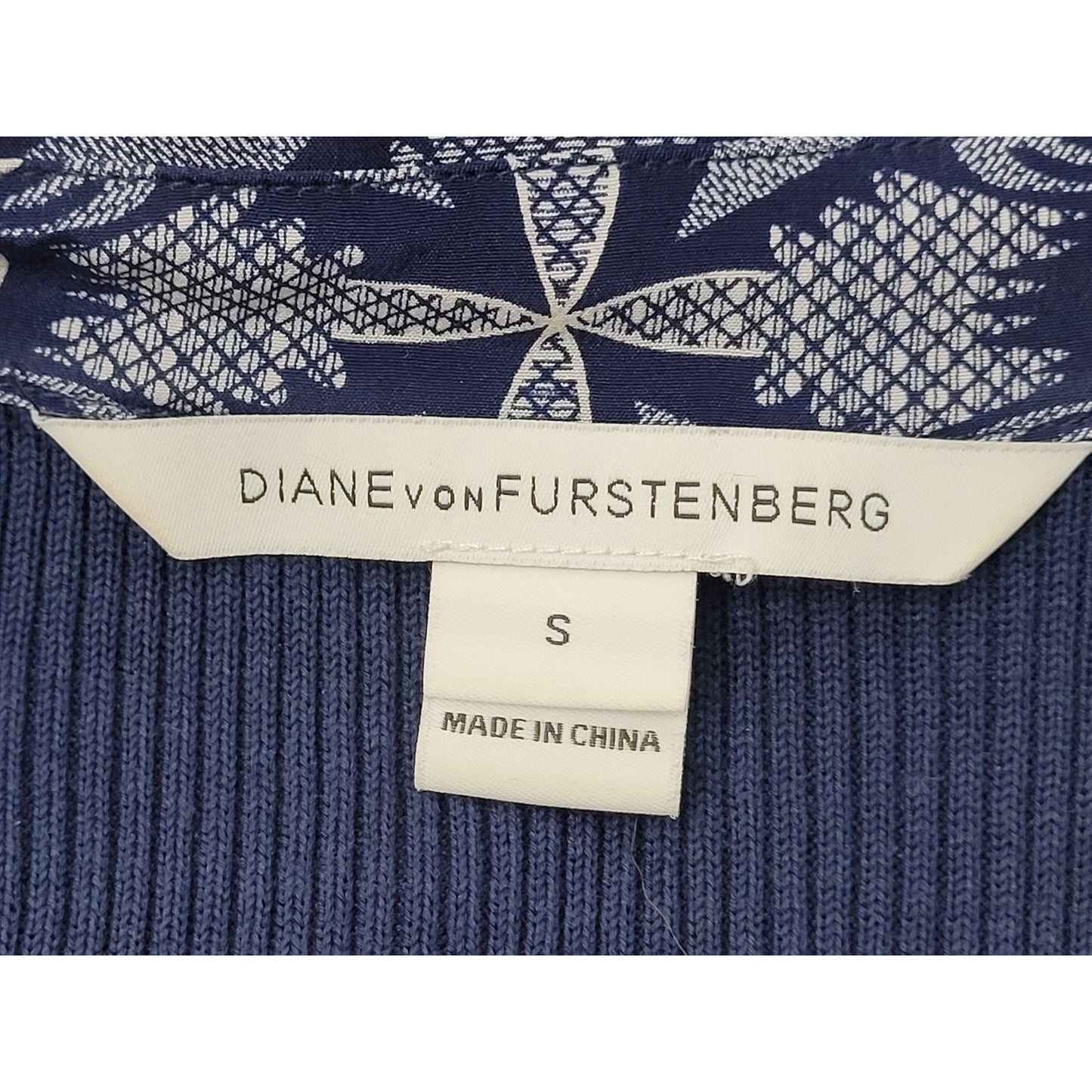 Diane von Furstenburg Sorrel Navy Blue Silk Pattern & Knit Shirt Mini Dress Sz S
