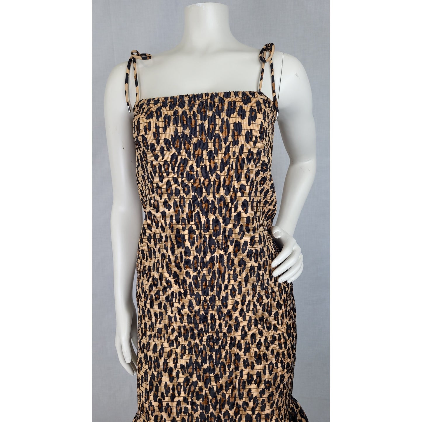 SIMONMILLER Canto Smocked Poplin Dress in Leopard Print Adustable Straps Sz S