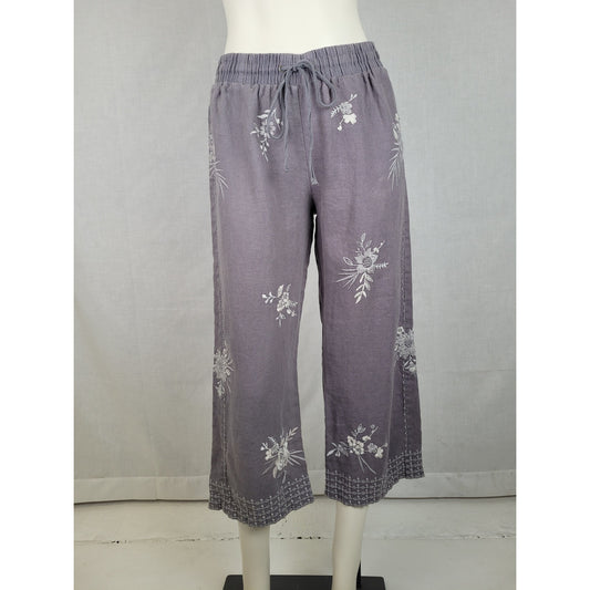 Johnny Was Workshop Grey Linen Floral Embroidered Capri Pants Women's Sz S