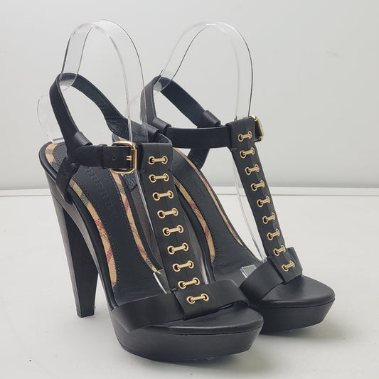 Burberry Brown Leather Gold-Tone Hardware T-Strap Sandals High Heels Sz 38 1/2