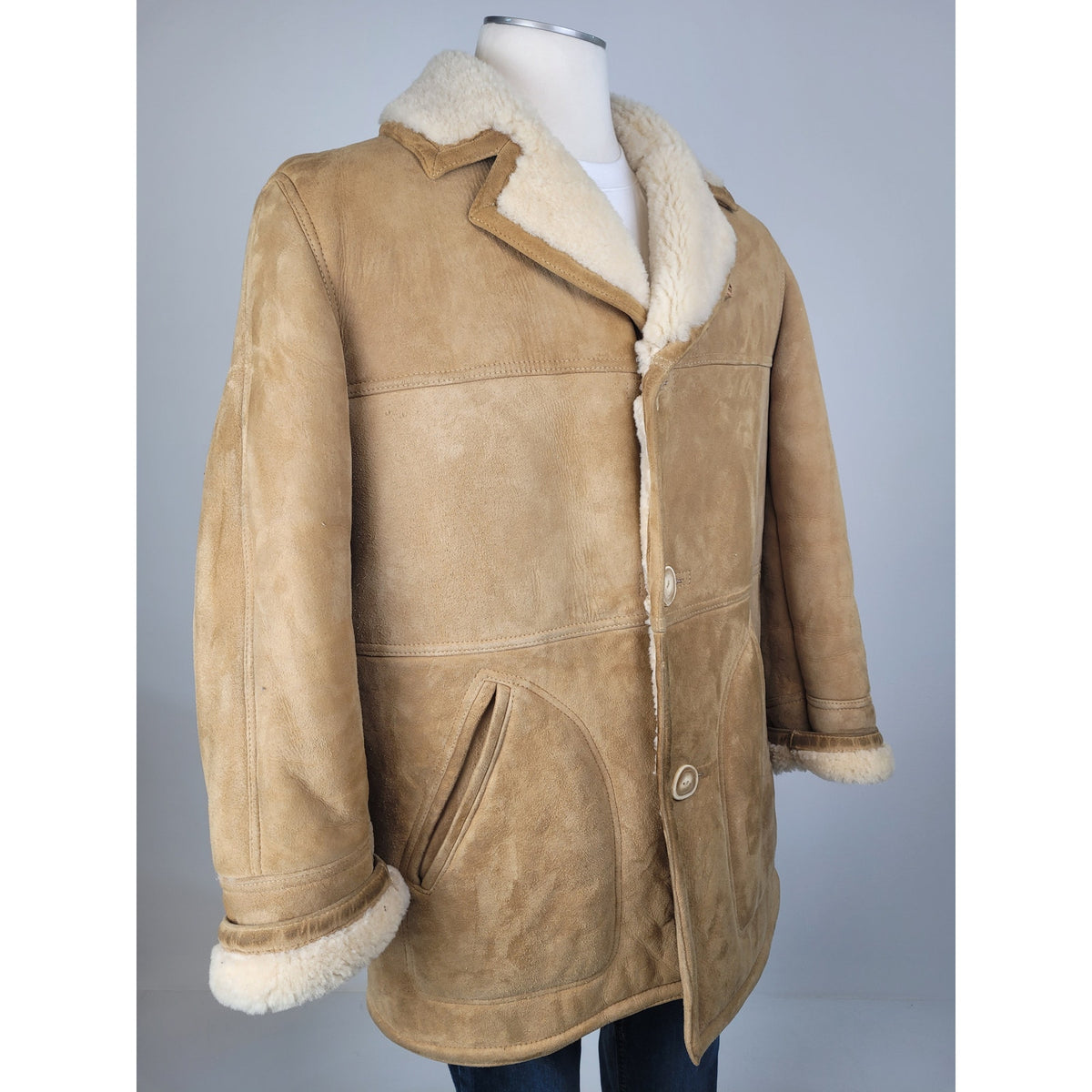 VTG 1970s Knight Tailors Ltd. Light Brown Suede Shearling Coat Men's Sz 46