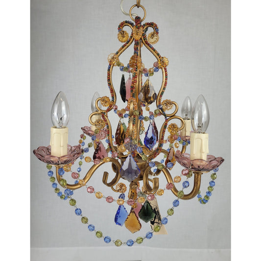 Vintage-Look Colorful Crystal Glass Cage Chandelier Pink Blue | Gold Chain Swag