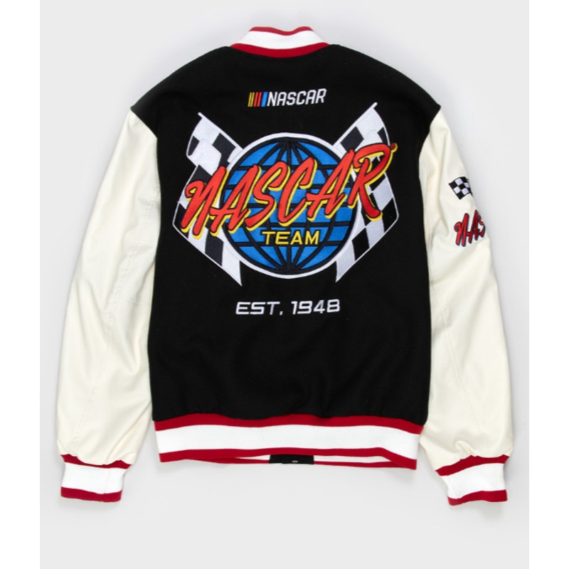 Tillys NASCAR Racing Since '48 Varsity Jacket Black & White Faux Leather Sz XS
