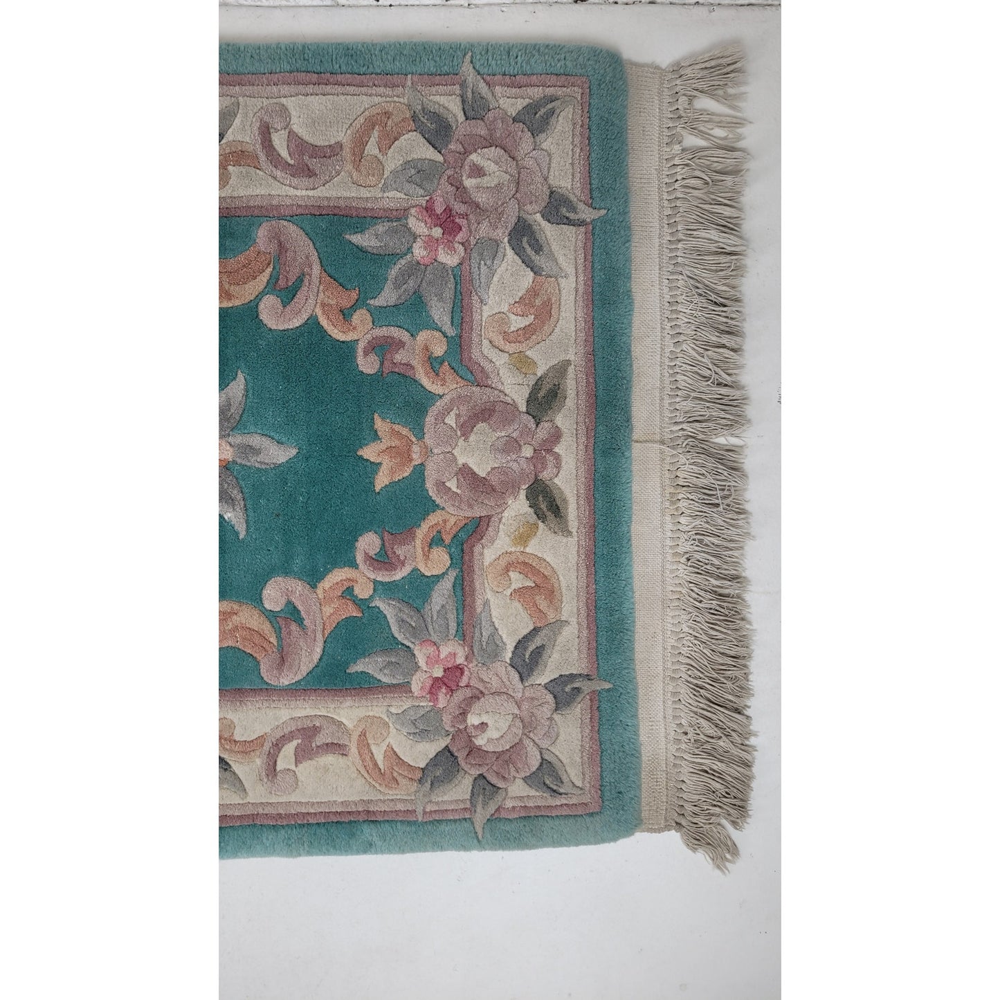 Vintage Aubusson-Style Wool Rug Green w Pink Floral Scrollwork 56" x 27"