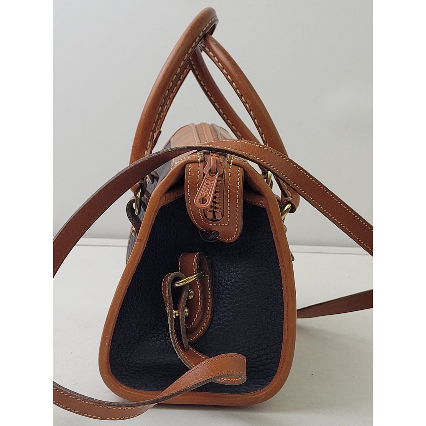 Vintage Dooney & Bourke All-Weather Leather Satchel Navy Blue, Tan, & Brass