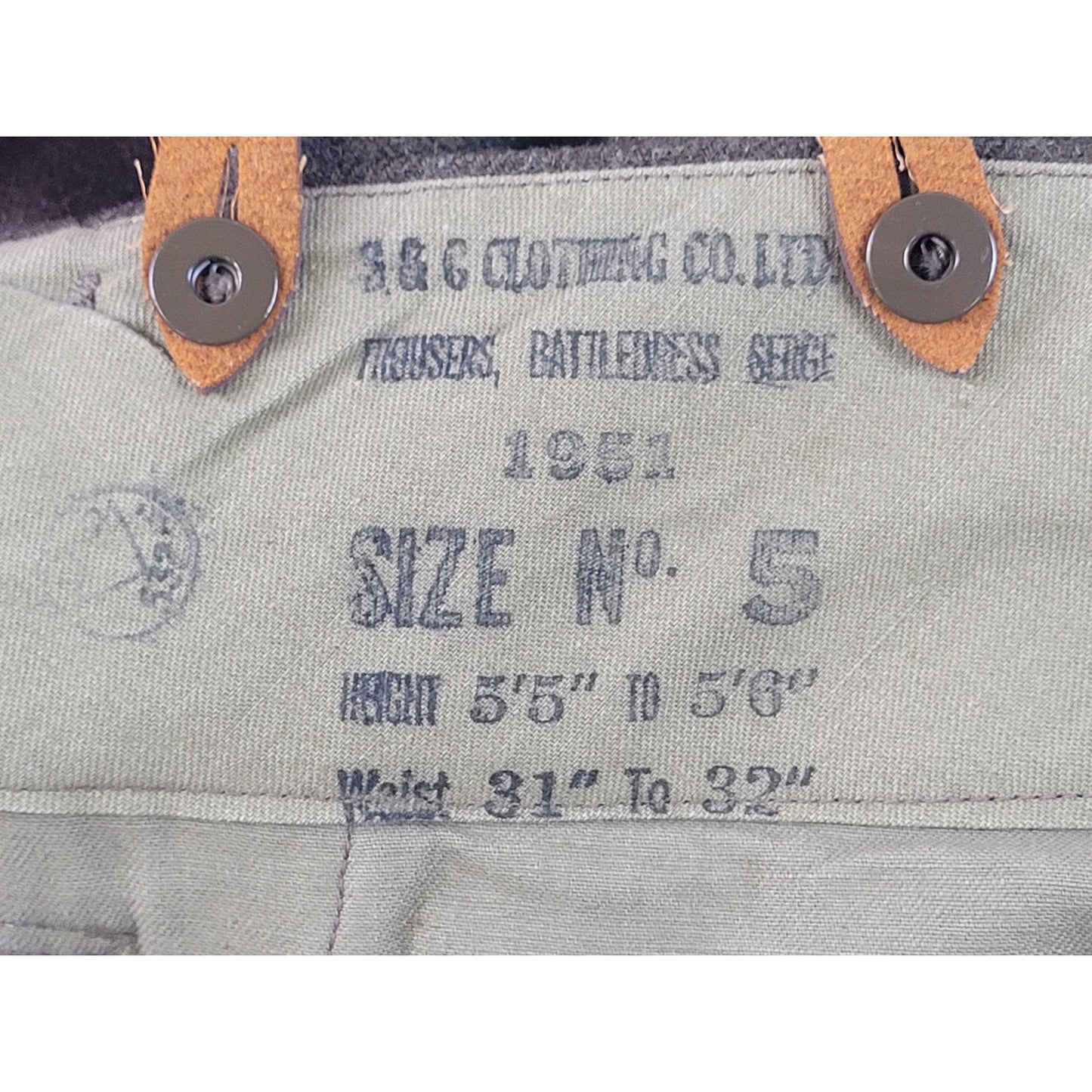 Vintage 1950s Miliary Green Wool Field Pants with Red Suspenders Men's Sz 33X30