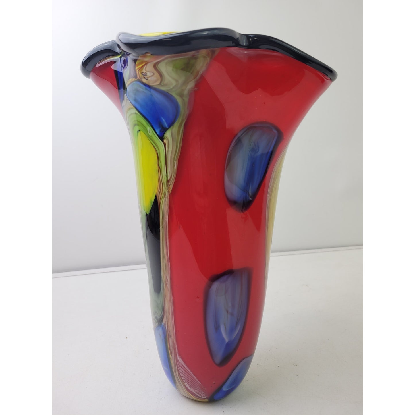 VTG Hand-Blown Murano Glass Handkerchief Vase Vibrant Red Multicolor 13.5" Tall