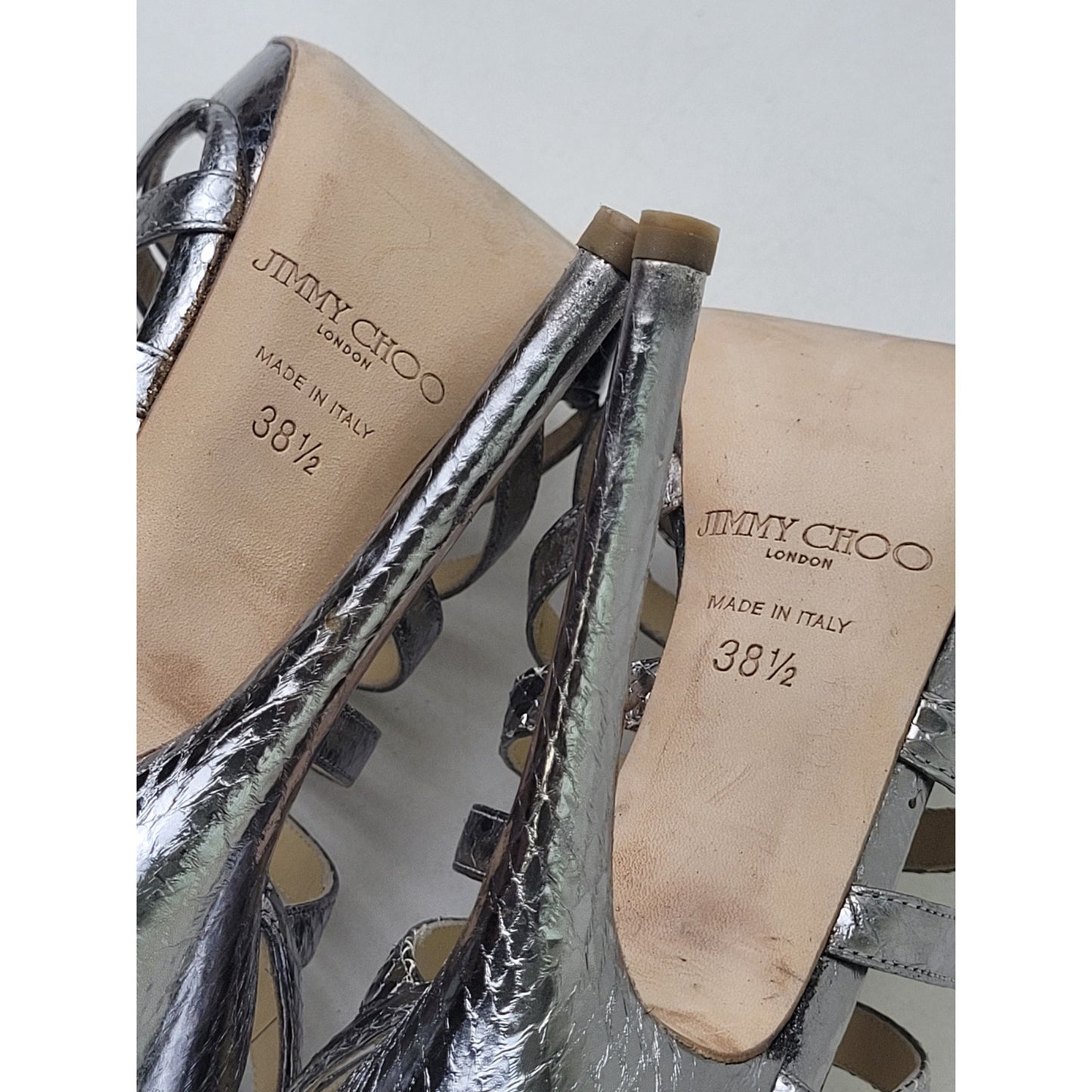 Jimmy Choo Glenys Gladiator Sandals High Heels Silver Snakeskin Print Sz 38 1/2