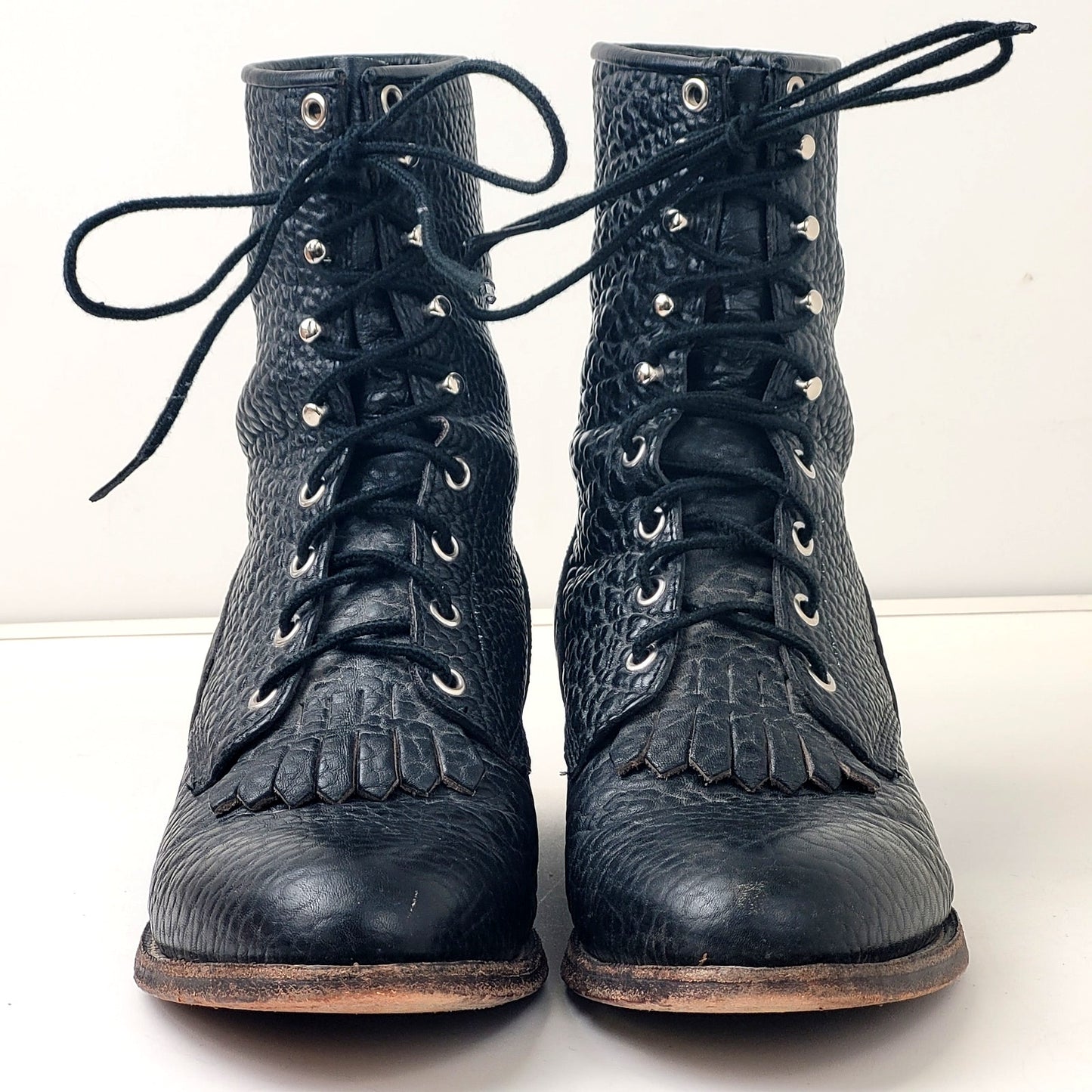 Vintage Justin Black Leather Roper Boots Lace-up Western Men's Sz 8.5D