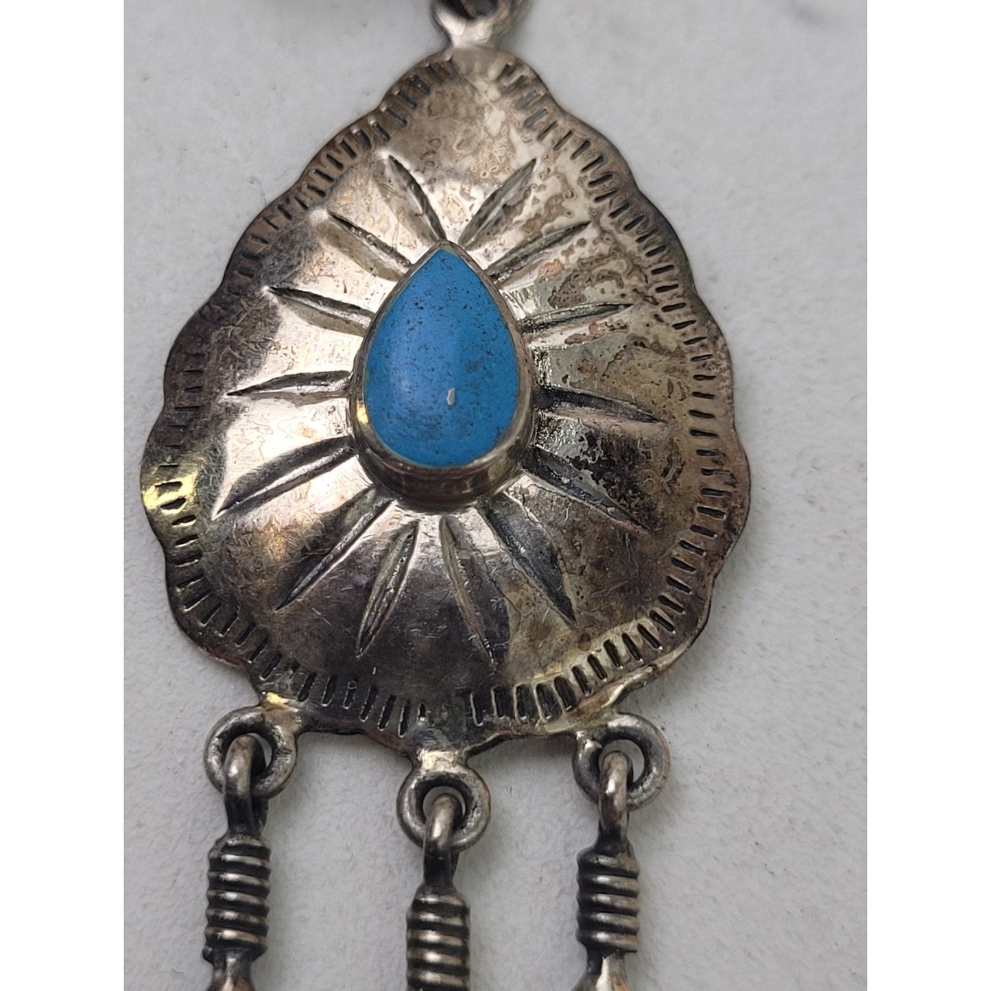 VTG Sterling Silver Southwestern Dangle Earrings Blue Stone Long Feather Charms