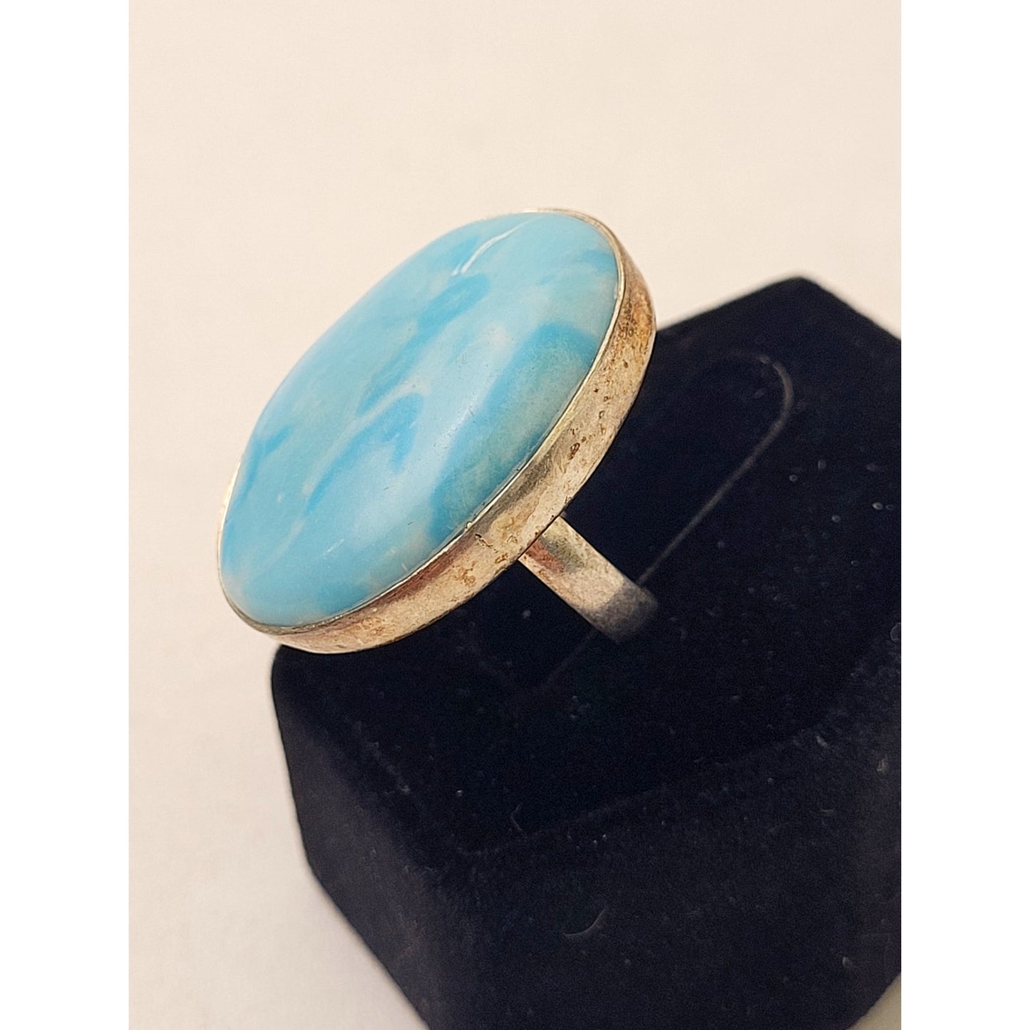 Sterling Silver Large Oval Larimar Gemstone Ring | Sz 6 1/4