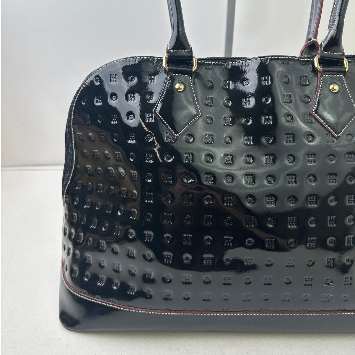 Arcadia Italy Black Patent Leather Leather Embossed Logo Dome Satchel Bag