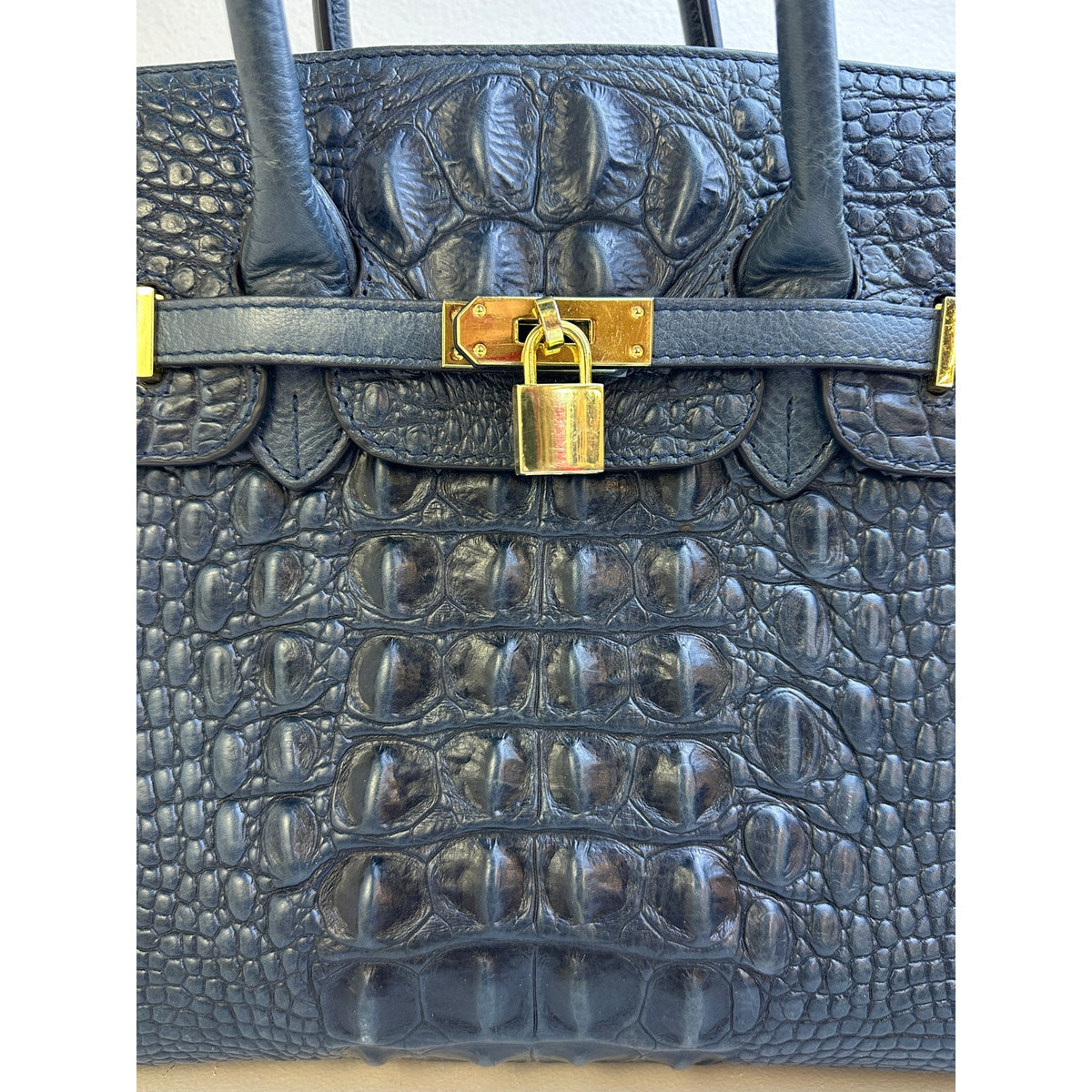 PIJUSHI Dark Blue Crocodile-Embossed Leather Satchel Bag with Gold Hardware
