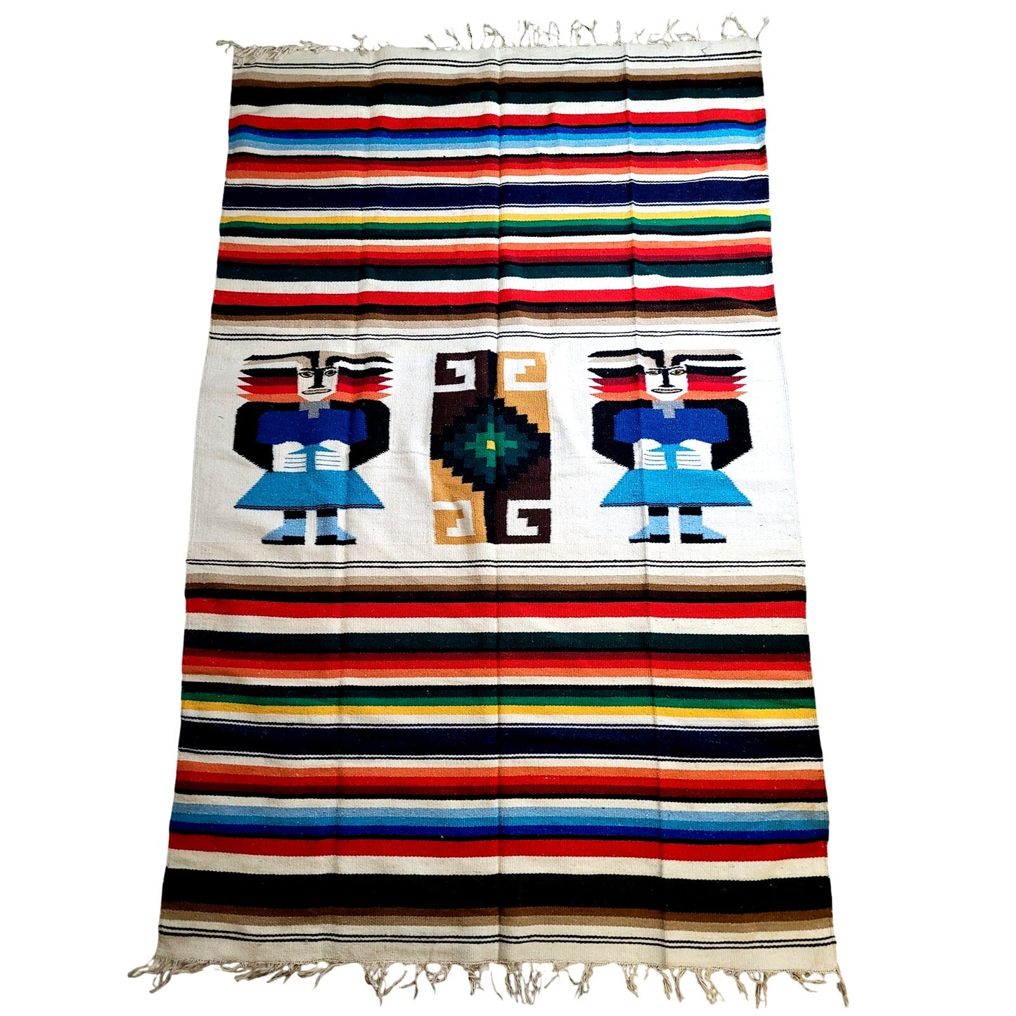 Large Vintage Mexican Woven Wool Serape/Blanket/Tapestry with Fringe