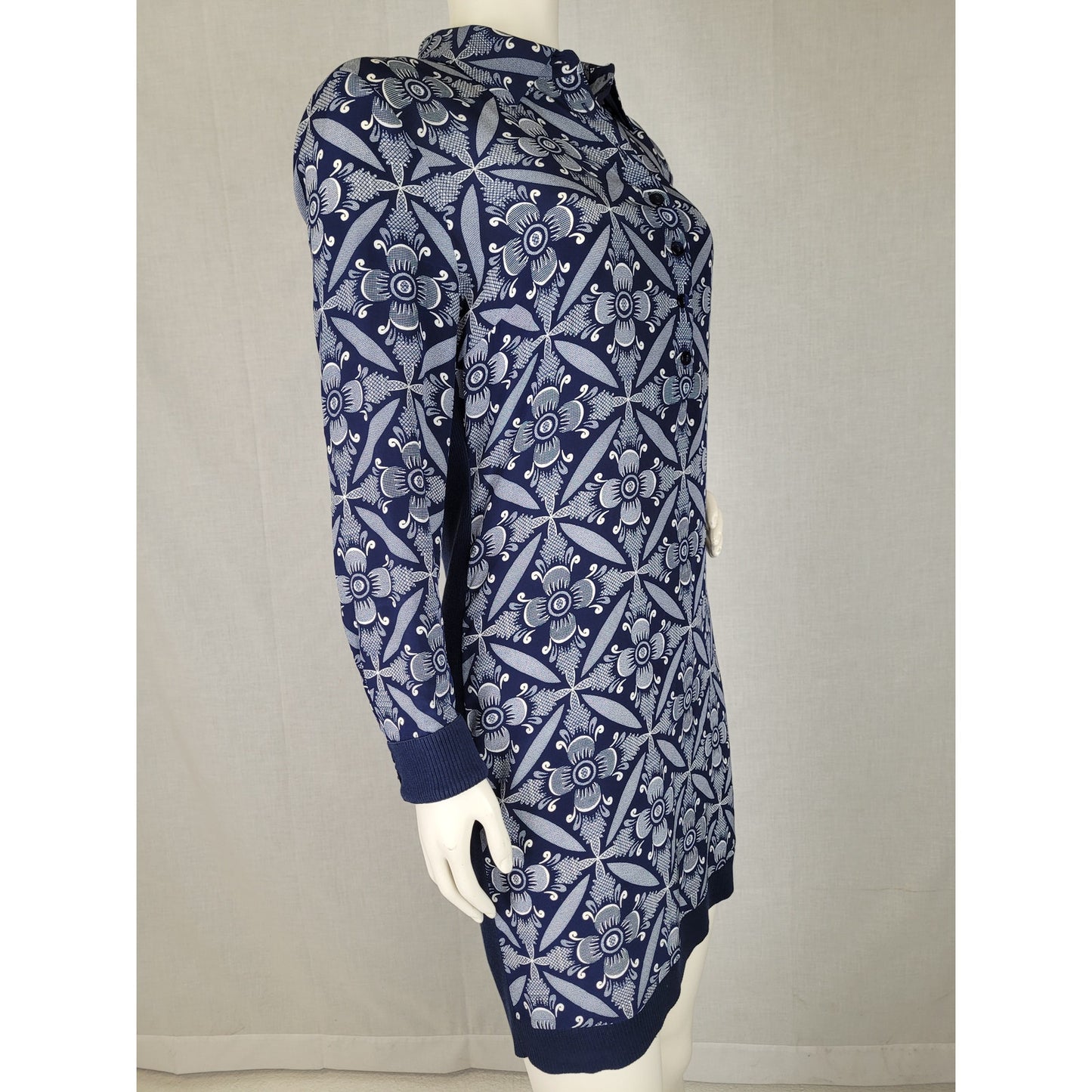 Diane von Furstenburg Sorrel Navy Blue Silk Pattern & Knit Shirt Mini Dress Sz S