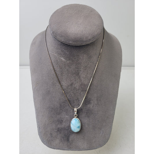 Natural Blue Larimar 30mm Long Oval Pendant on 16" Sterling Silver Chain