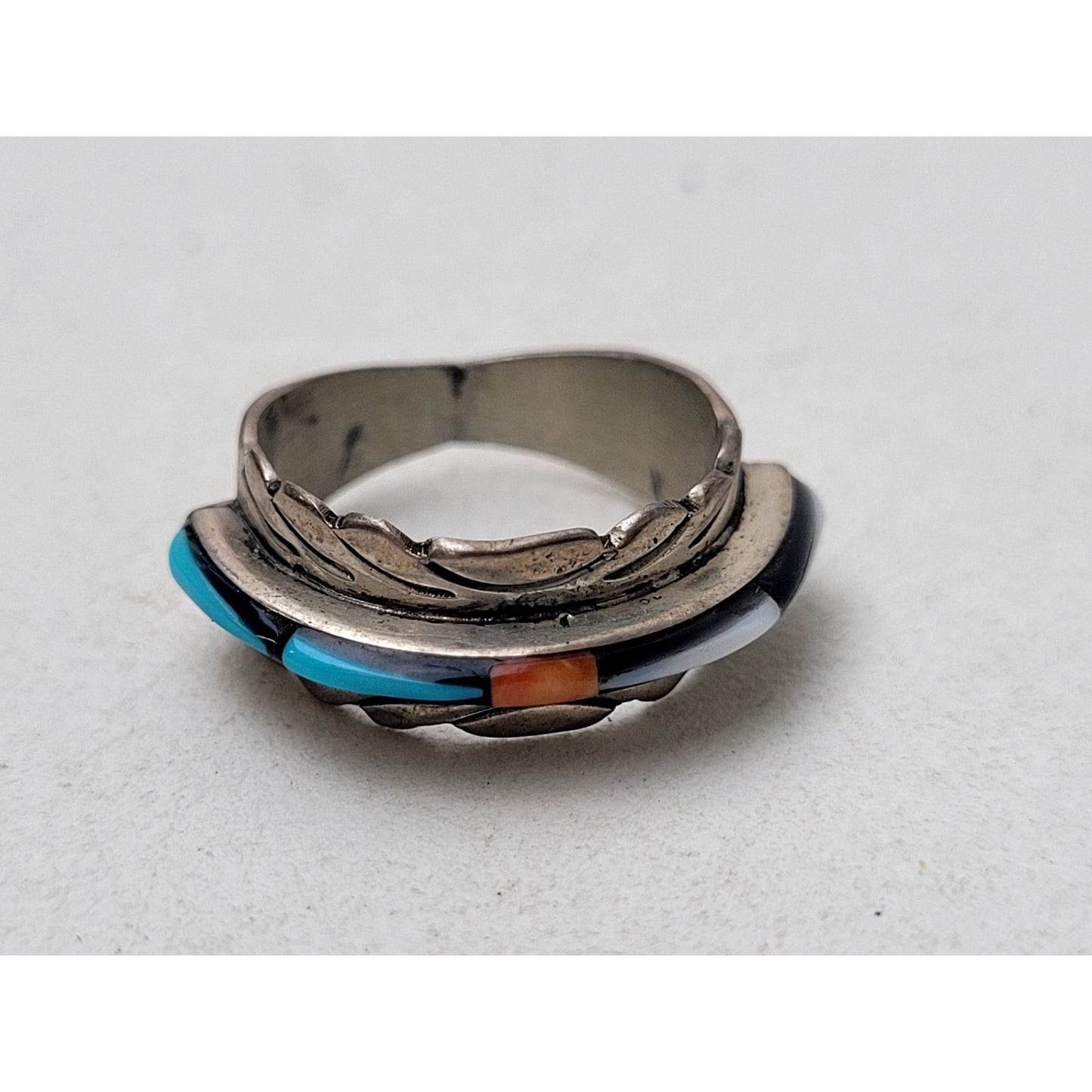 Vintage Native American Sterling Silver Ring Multi-Stone Inlay | Sz 3.75