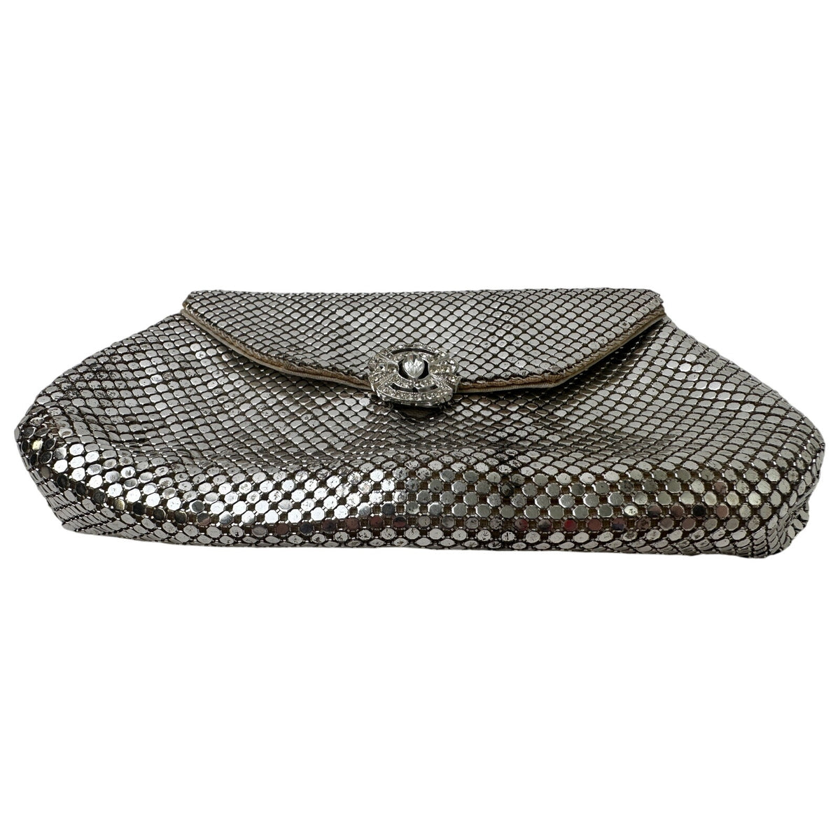 Vintage Whiting & Davis Silver Mesh Envelope Clutch W/ Art Deco Rhinestone Clasp