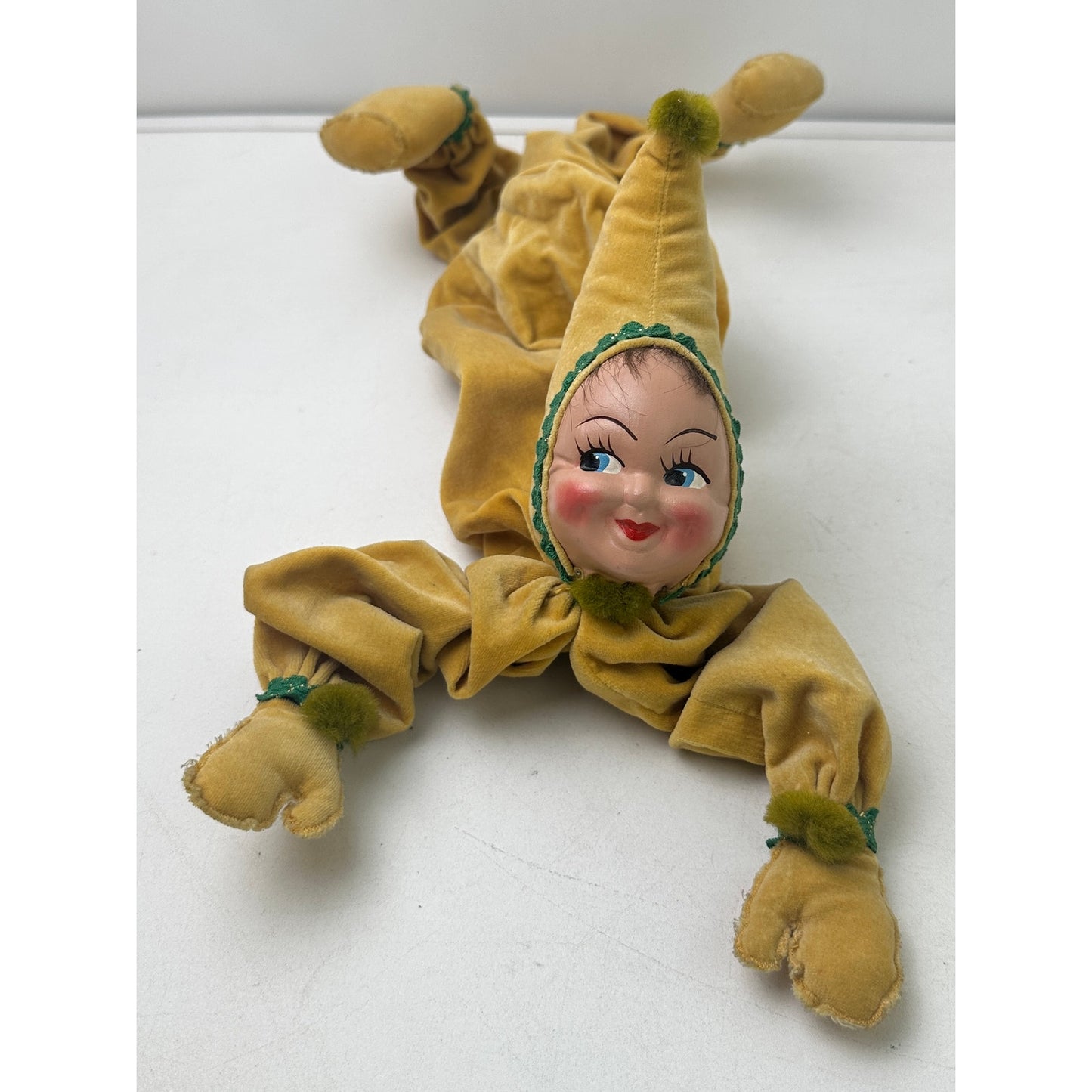 Vintage Yellow Velvet Posable Pixie Jester Boudoir Doll