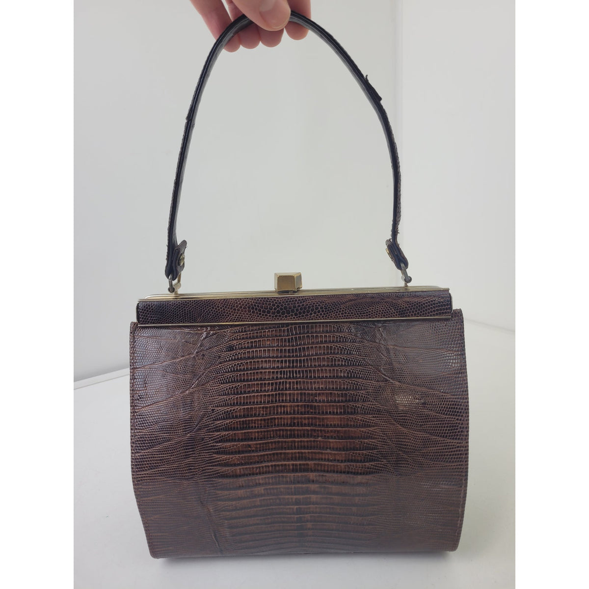 Vintage 1950s-60s Brown Lizard Skin Handbag w Gold Tone Hardware