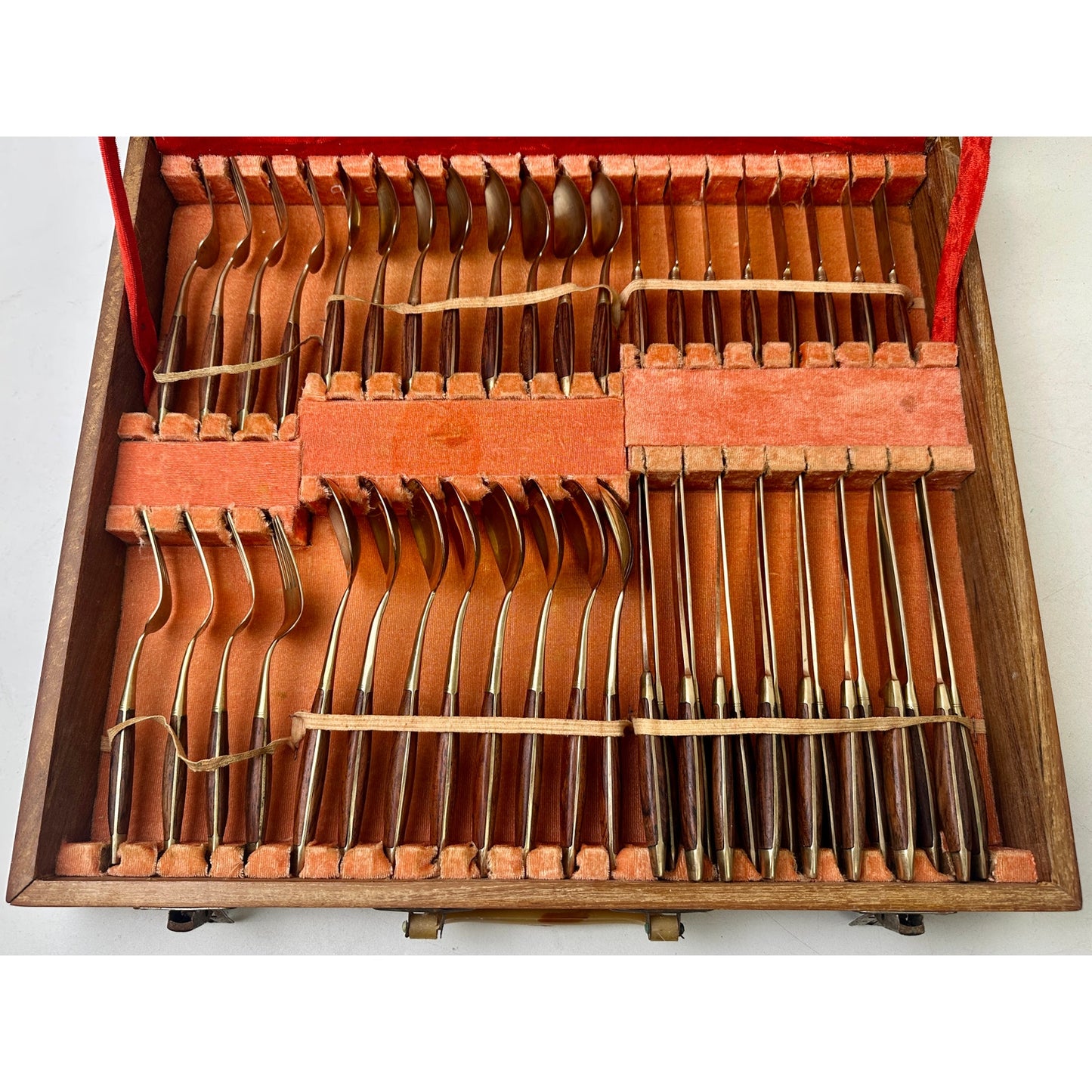 Vintage Bangkok Jewels Thai Bronze & Rosewood 59 PC Flatware Set