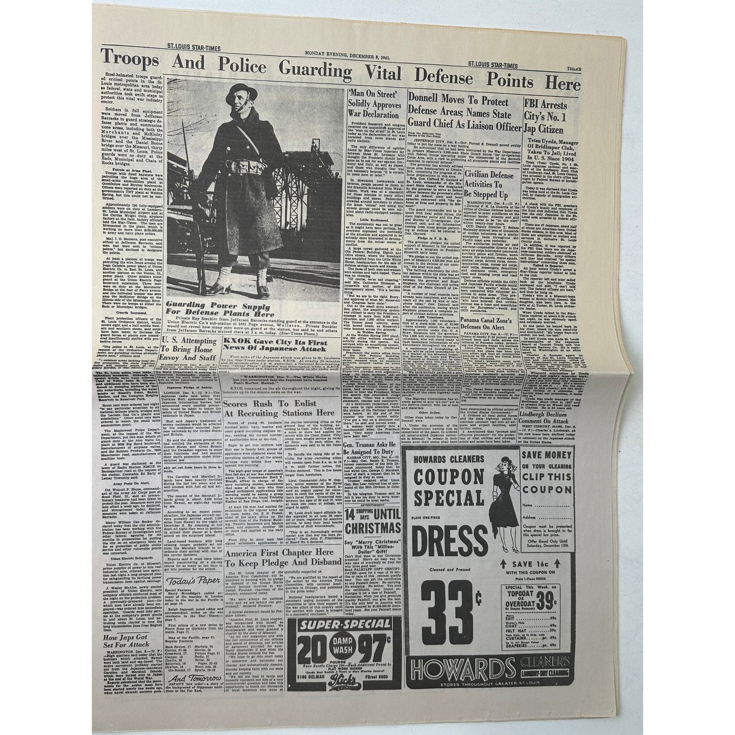 Vintage St. Louis Star-Times December 8, 1941 WWII Pearl Harbor War Declared Newspaper