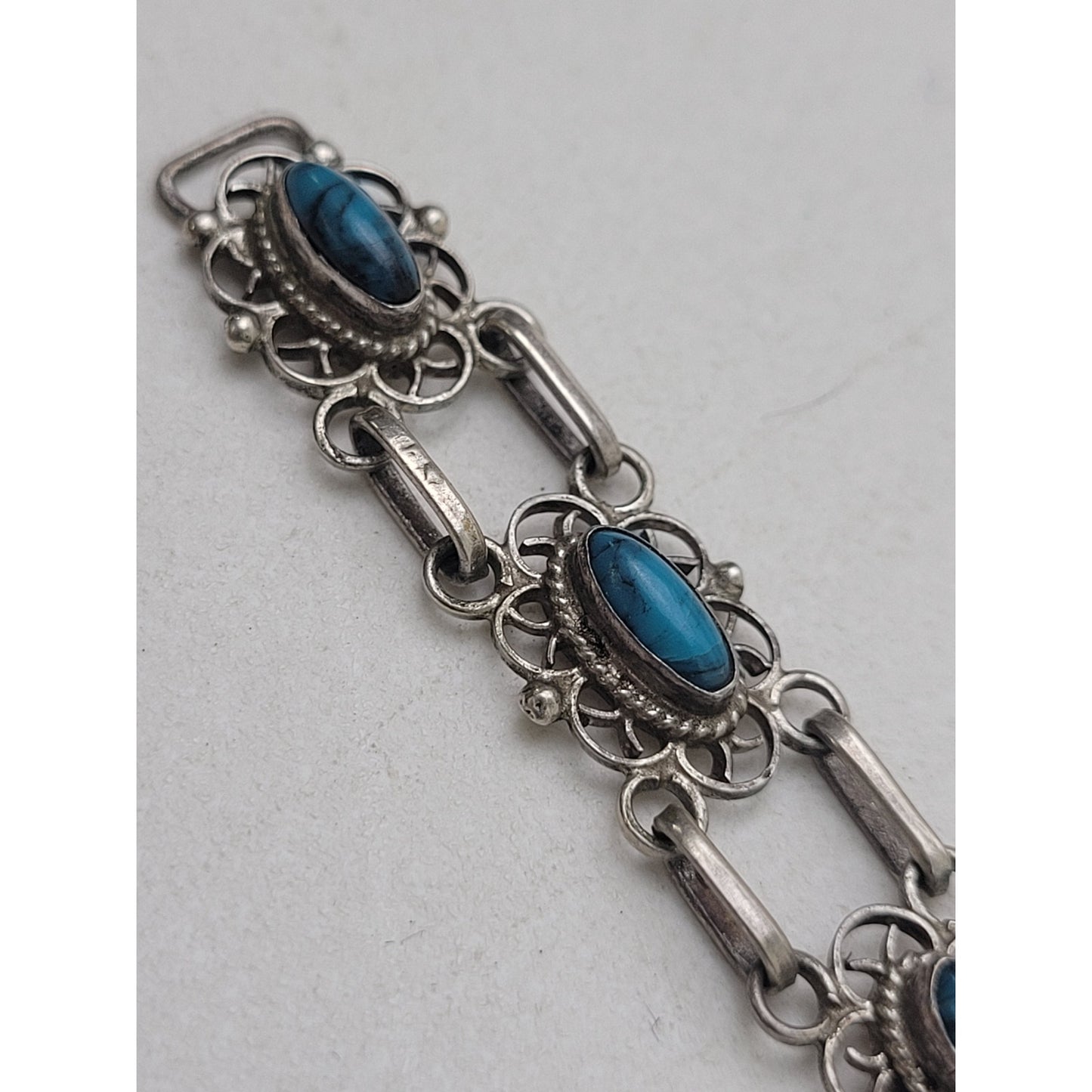 Vintage Sterling Silver Bracelet Intricate Filigree & Turquoise Stones | Mexico