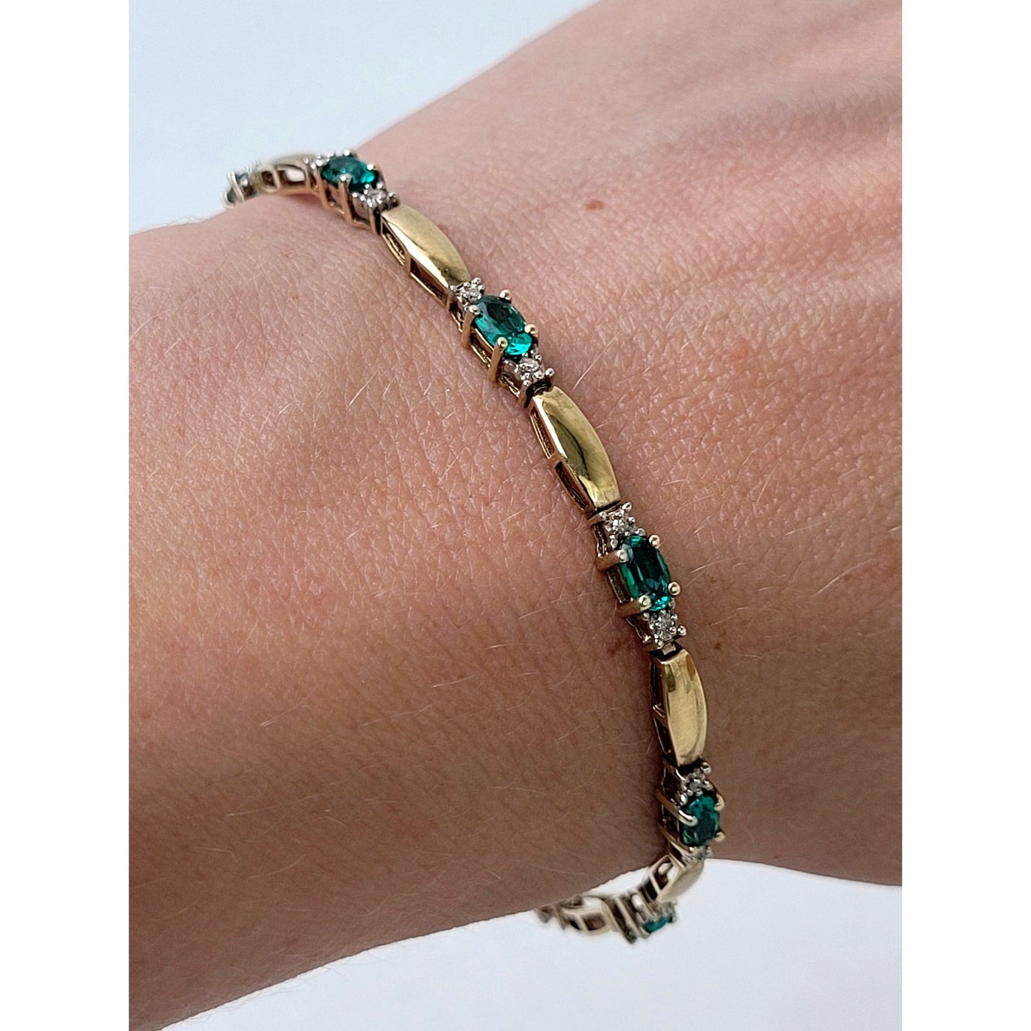 10K Yellow Gold 7" Tennis Bracelet Lab-Created Emeralds & Authentic Diamonds
