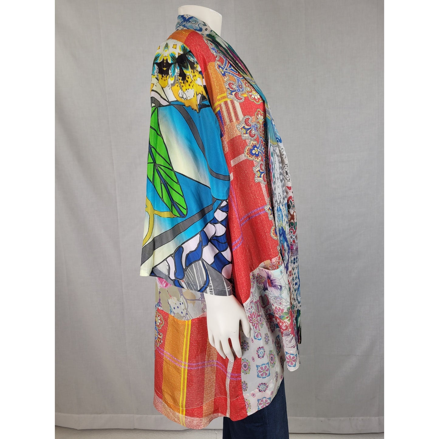 Johnny Was Multicolor Patchwork Silk Kimono Jacket Bohemian Style Sz S