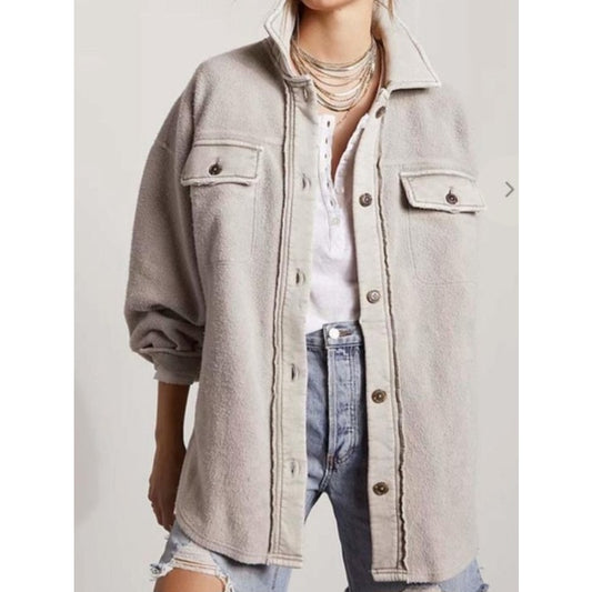 Free People Ruby Jacket Oversized Fleece Button-Down Shacket in Stone Sz XS NWT