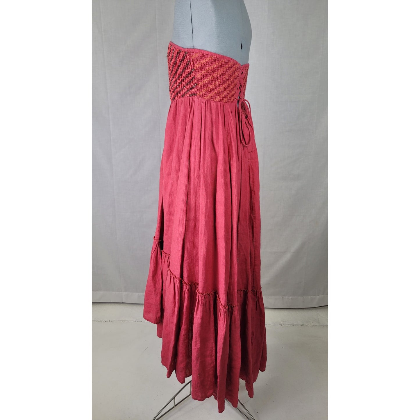 Free People Shimmers in the Sky Linen Maxi Dress Bead Embellished Bodice Sz L