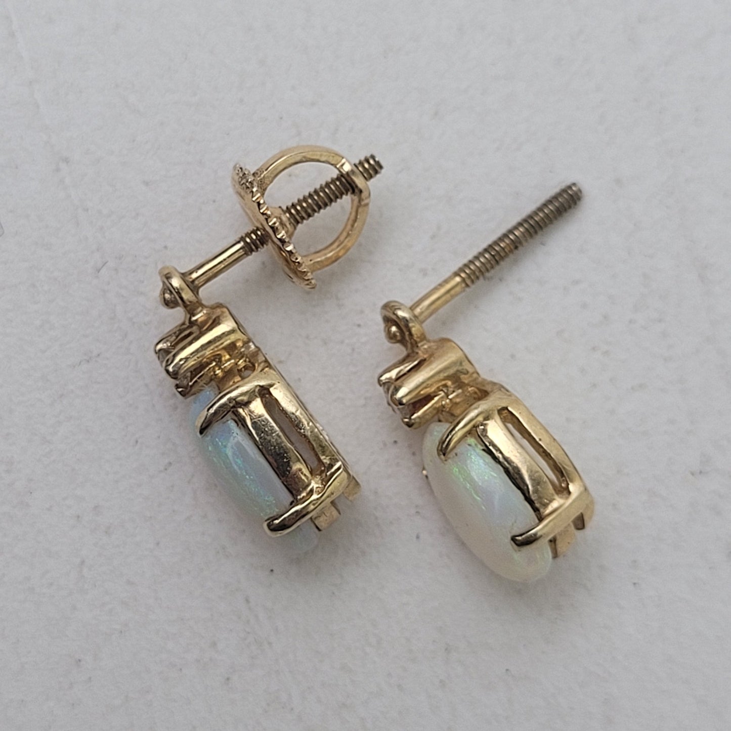 14K Gold Natural Opal & Diamond Earrings w Screw Back | 2.12 grams